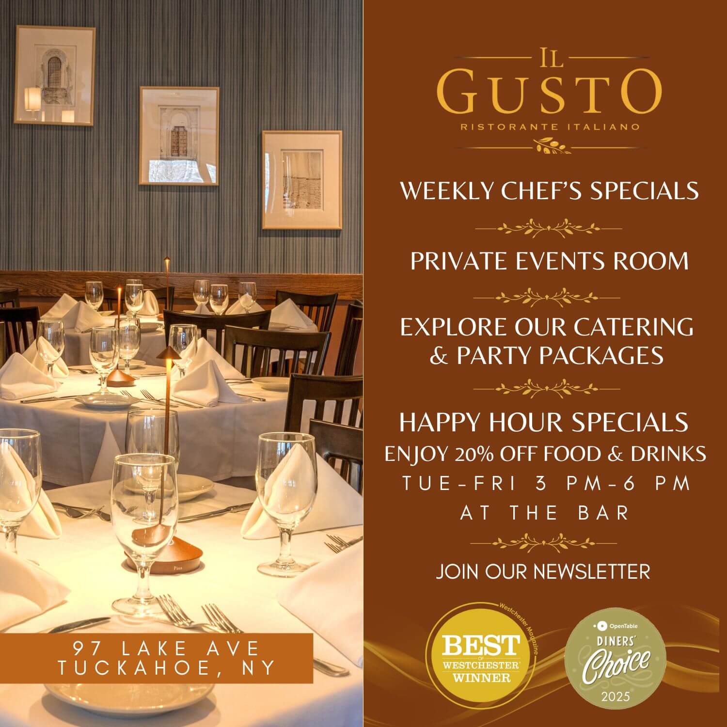 HAPPY HOUR SPECIALS. ENJOY 20% OFF FOOD & DRINKS. TUESDAY TO FRIDAY 3 PM - 6 PM. AT THE BAR ONLY
